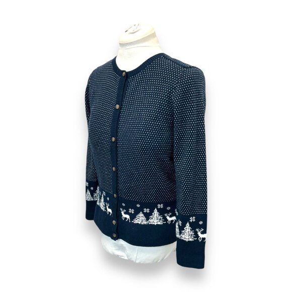 L.L. Bean XSP Navy Holiday Cardigan Sweater Snowflakes/Reindeer 5% Cashmere - Picture 4 of 10